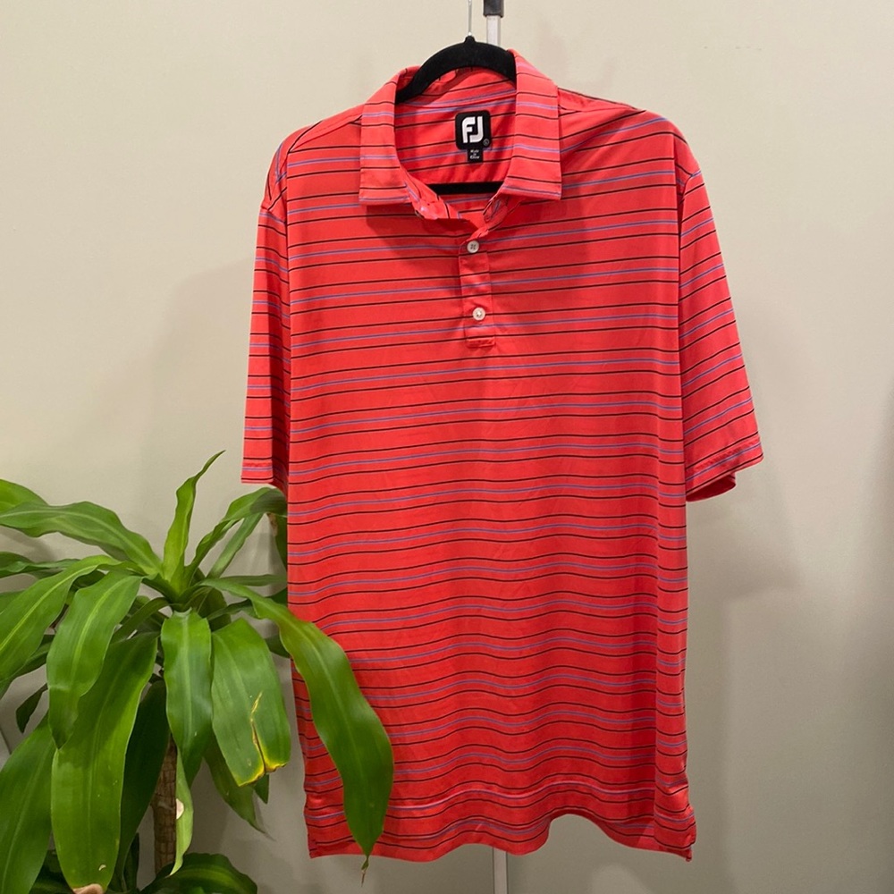 FootJoy Red Performance Golf Polo with Fine Black & Blue Stripes